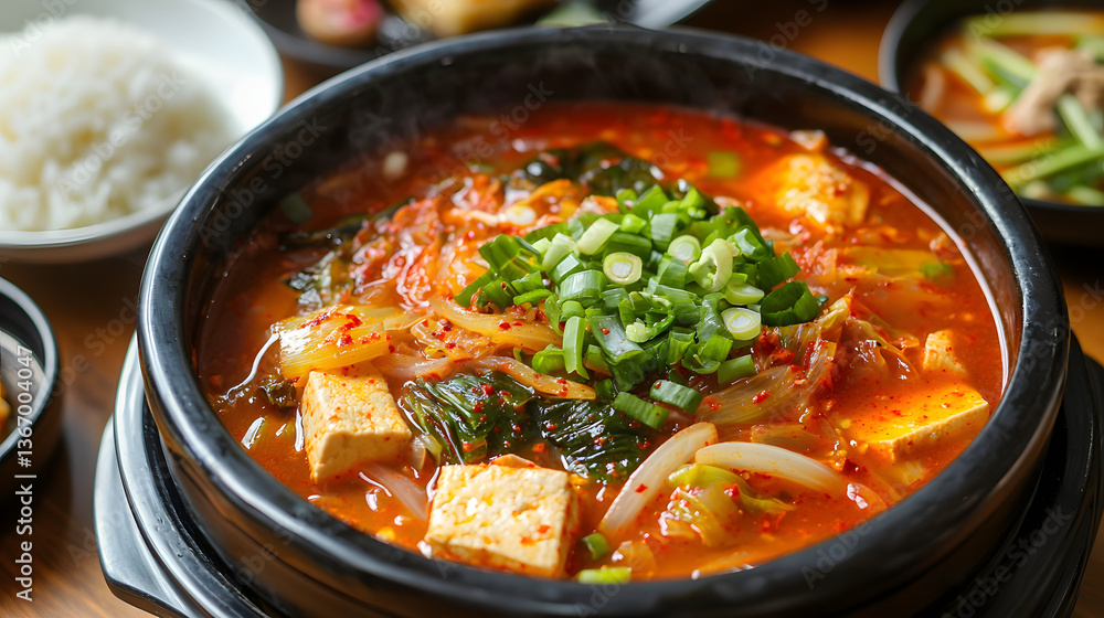 Authentic Korean Kimchi Stew with Aged Kimchi, Tofu, and Green Onions Served in a Traditional Pot Authentic Korean Kimchi Stew with Aged Kimchi, Tofu, and Green Onions Served in a Traditional Pot