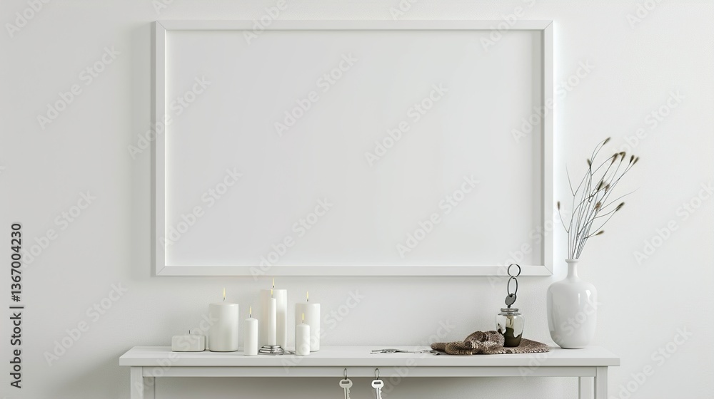 Fototapeta premium A white rectangular frame in a hallway with a minimalist table underneath, displaying candles, keys, and a small vase. HD 8K mockup wallpaper Photographic Image