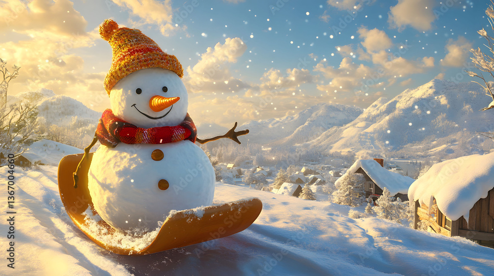 Obraz premium Joyful Snowman Sledding in a Snowy Mountain Village