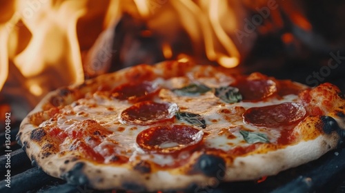 Delicious Pepperoni Pizza Baking on Griddle with Flames in Background