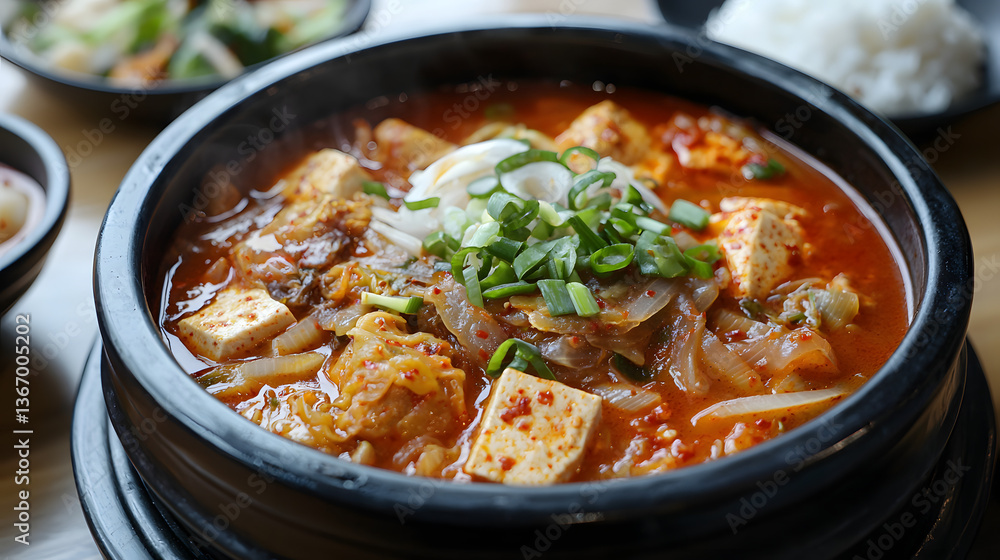Delicious Aged Kimchi Stew Simmering in a Hot Stone Bowl with Soft Tofu and Green Onions Delicious Aged Kimchi Stew Simmering in a Hot Stone Bowl with Soft Tofu and Green Onions