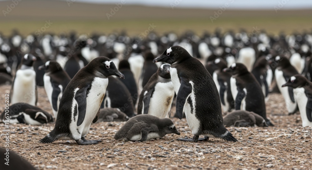 Naklejka premium Penguin Parents with Chick in Colony
