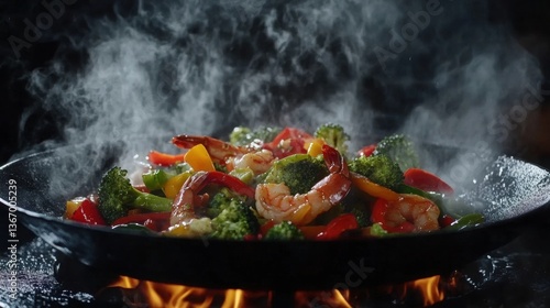 Cooking Shrimp Stir Fry in Wok with Colorful Vegetables and Steam Rising