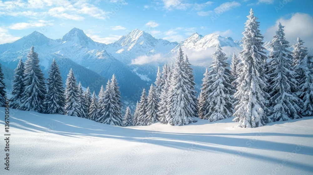 Fototapeta premium Stunning Winter Wonderland Snow-Covered Spruce Trees in Majestic Mountain Range - High-Resolution Photography with Ample Copy Space