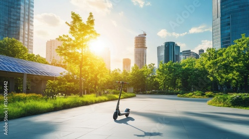 Electric scooter traveling through an eco friendly city with green infrastructure and renewable energy sources, sustainable urban park with solar panels and bike lanes, Eco-tech style