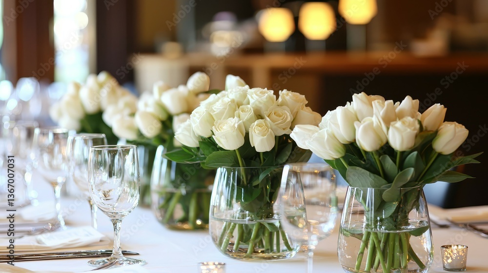 Fototapeta premium Chic Wedding Table Arrangement with White Roses and Tulips in Clear Vases - Exquisite Restaurant Decor