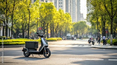 Electric scooter with a cargo delivery basket on a city street, bustling city environment with green parks and pedestrian traffic, Eco-tech style