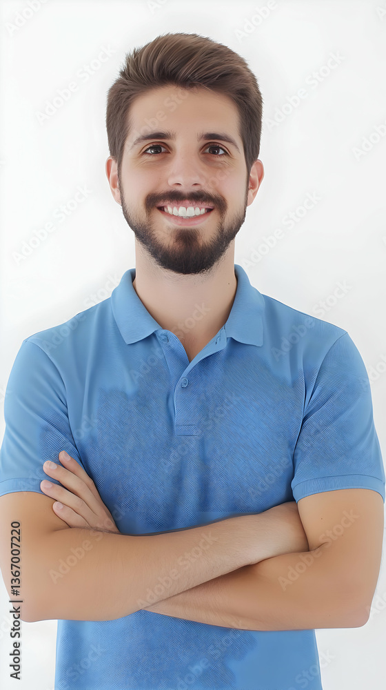 Portrait Of Smiling Young Man With Blue Shirt And Arms Crossed on White Background Portrait Of Smiling Young Man With Blue Shirt And Arms Crossed on White Background