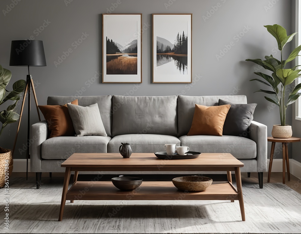 Fototapeta premium Modern Living Room Interior with Grey Sofa and Wooden Coffee Table