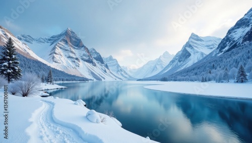 Wallpaper Mural Frosty landscape with snow-covered mountains and frozen lake, serene, cold, mountain Torontodigital.ca