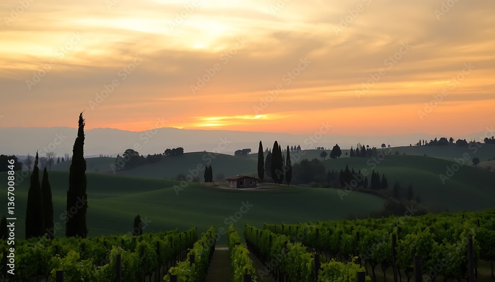 Fototapeta premium Tuscan Sunset Landscape: Rolling Hills, Cypress Trees, Vineyard Rows, and a Farmhouse at Golden Hour