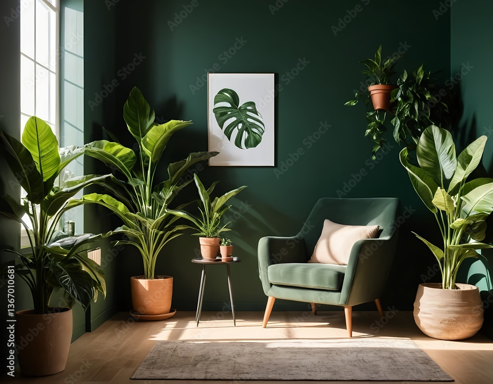 Fototapeta premium Green Living Room with Plants and Armchair