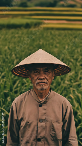 Photo of Elderly Asian Farmer in Straw Hat at Green Field Harvest