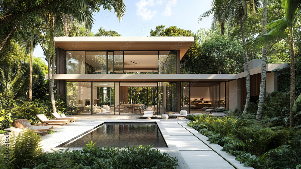Fototapeta premium Modern villa with lush greenery and pool, tropical setting
