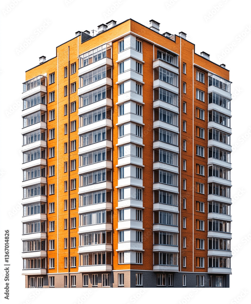 Fototapeta premium Tall orange apartment building with multiple balconies