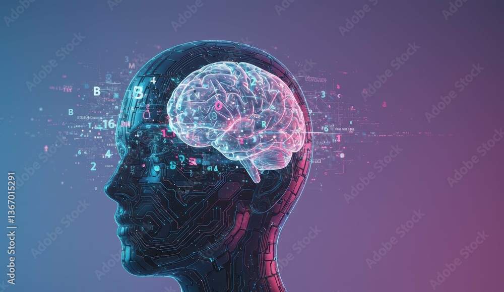 Fototapeta premium Digital brain visualization within silhouette head against abstract blue background. Represents artificial intelligence and technology.