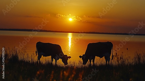 Wallpaper Mural Two cows graze by the water at sunset in a serene landscape Torontodigital.ca