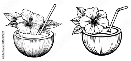 drawing of tropical drink in a coconut shell with a hibiscus flower and a straw