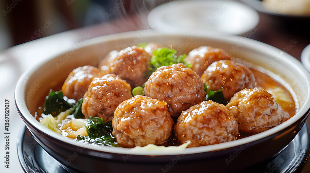 Savory Pork Meatballs in a Delicious Sauce Surrounded by Fresh Vegetables in a Bowl Savory Pork Meatballs in a Delicious Sauce Surrounded by Fresh Vegetables in a Bowl