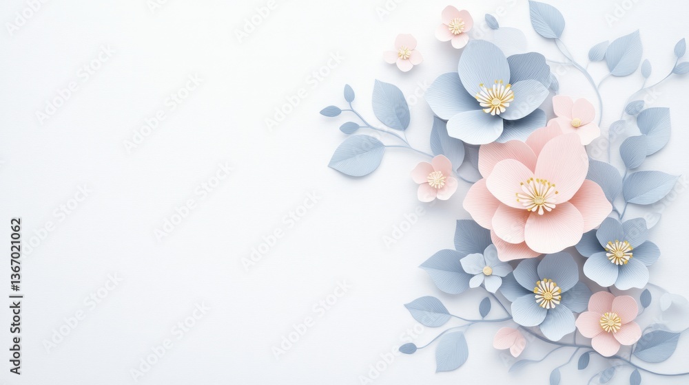 Delicate paper crafted flowers and leaves create an elegant design Delicate paper crafted flowers and leaves create an elegant design