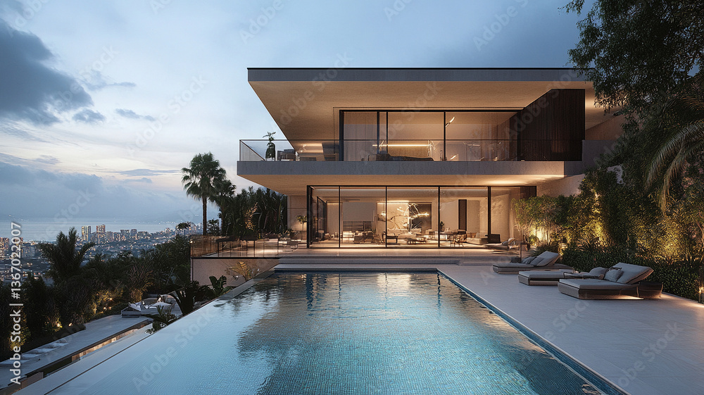 Fototapeta premium Modern luxury mansion with rooftop infinity pool at dusk