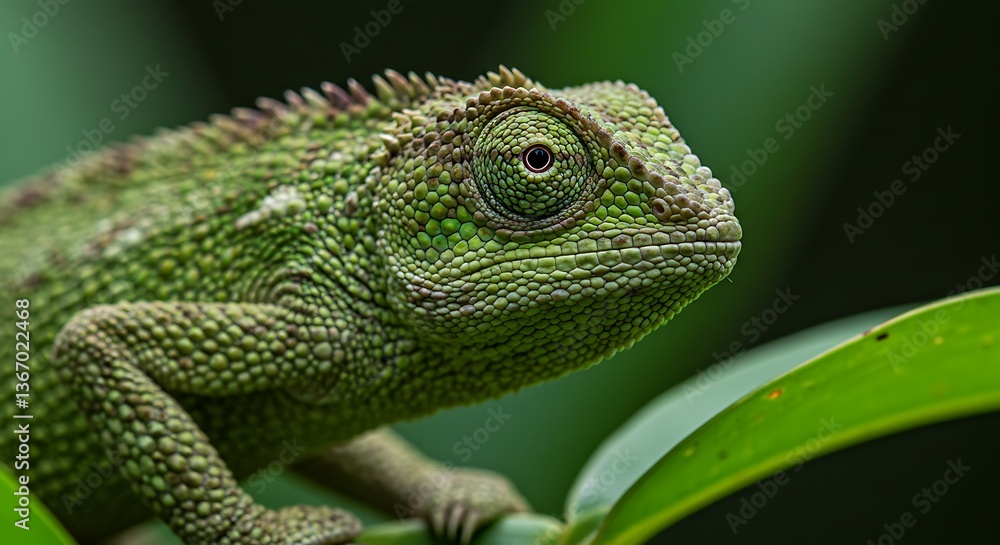 Obraz premium Close-up of a vibrant green chameleon perched on a lush leaf, showcasing its intricate scales and captivating gaze in a tropical rainforest habitat.