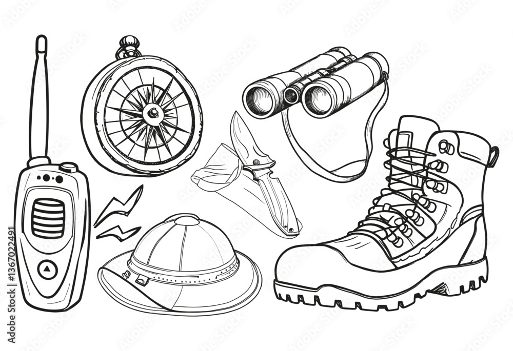 Fototapeta premium A drawing of a compass, binoculars, and a radio. The drawing is of a person who is going on a trip