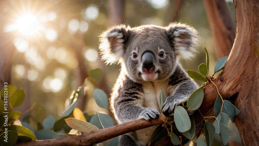 Fototapeta premium Cute Koala Sitting on Tree Branch in Sunny Forest Setting