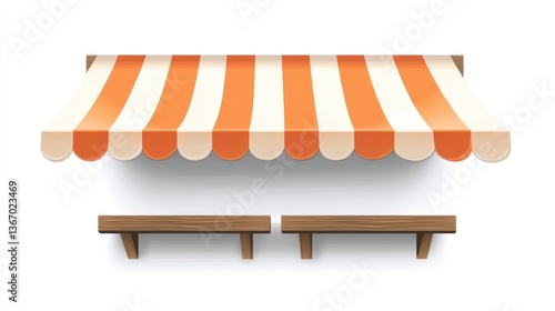 Striped awning and benches, outdoor seating, store facade, graphic, vector