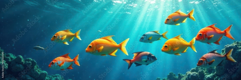 Fototapeta premium School of colorful fish swimming amidst gentle waves, sea creatures, marine life