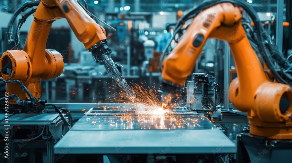Highly automated factory with robotic welding arms, sparks flying as metal fuses, modern industrial background Highly automated factory with robotic welding arms, sparks flying as metal fuses, modern industrial background