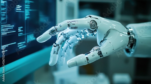 Hyper realistic robotic hand interacting with a holographic interface, advanced AI-driven prosthetics demonstration, clean and sterile lab