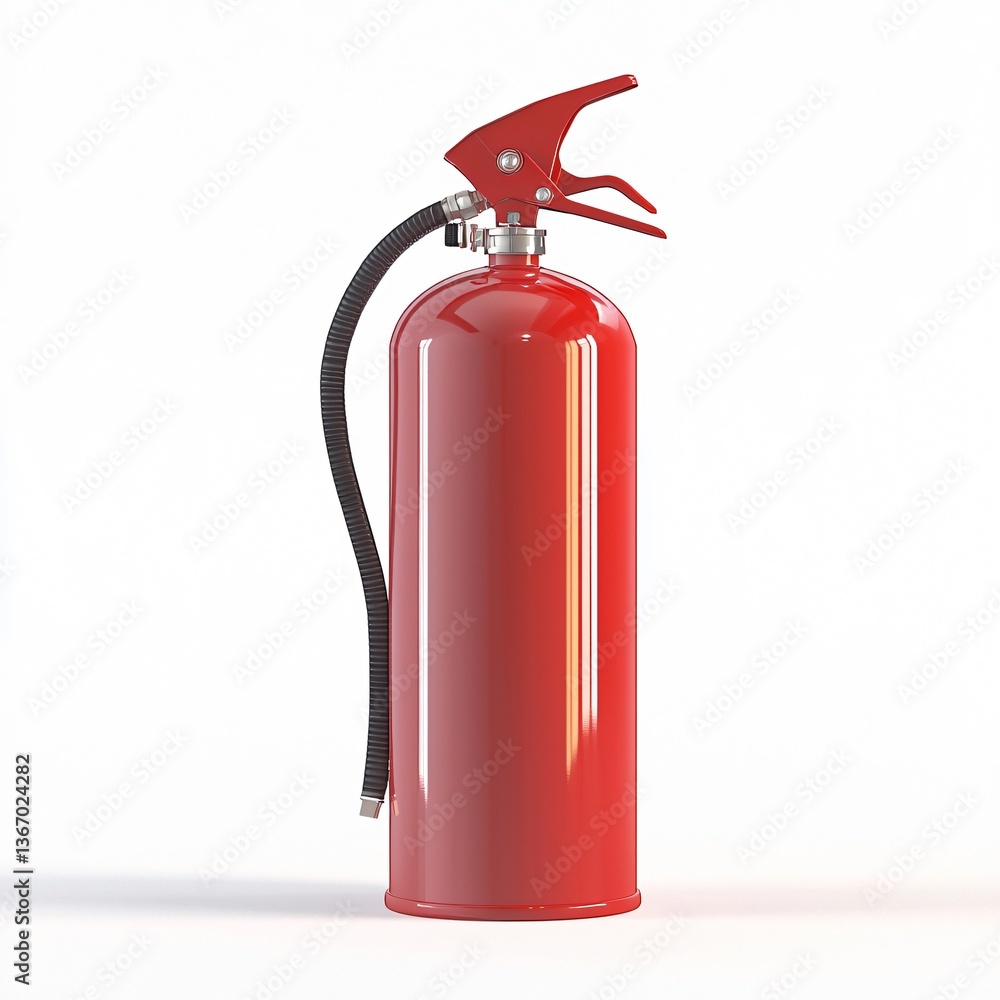 Shiny red extinguisher, nozzle, handle, safety equipment on white Shiny red extinguisher, nozzle, handle, safety equipment on white