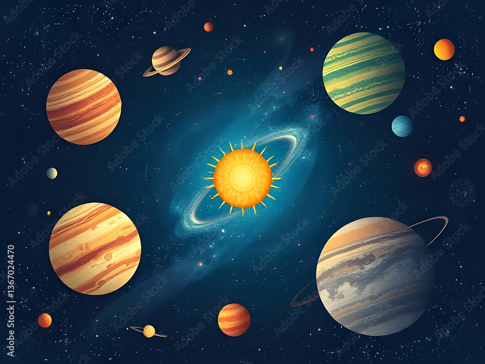 Fototapeta premium Colorful Solar System Illustration Planets, Sun, Stars, and Space Background.