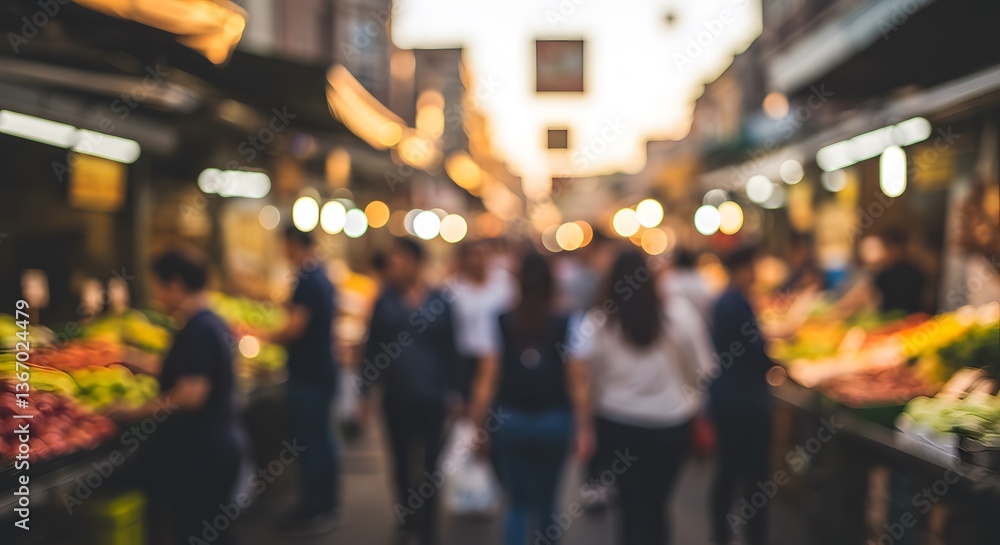 Fototapeta premium Blurred market scene with shoppers and stalls, perfect for retail or shopping content.