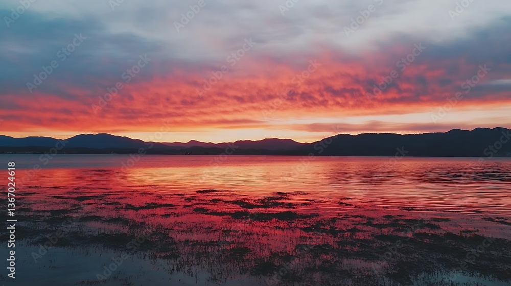 Fototapeta premium Crimson Evening Reflections on Tranquil Water Surface at Dusk with Mountain Backdrop Serenity