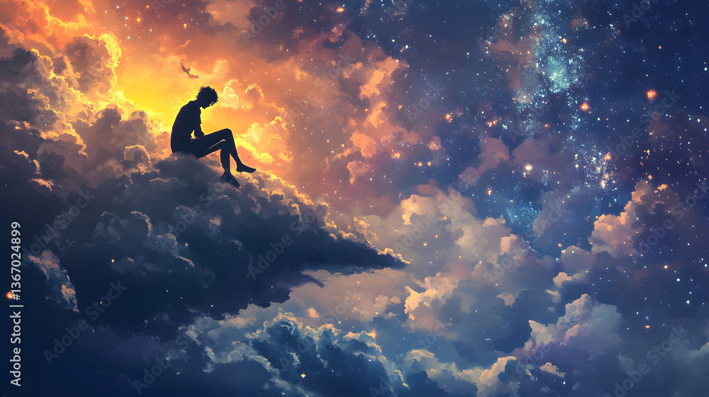 Obraz premium Solitude Amidst Celestial Wonders: A Man Contemplates Existence on a Cloud Above a Starry Sky