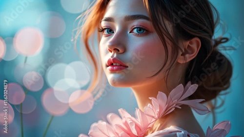 Elegant Portrait of Young Woman with Light Eyes Pink Floral Dress and Dreamy Bokeh Background