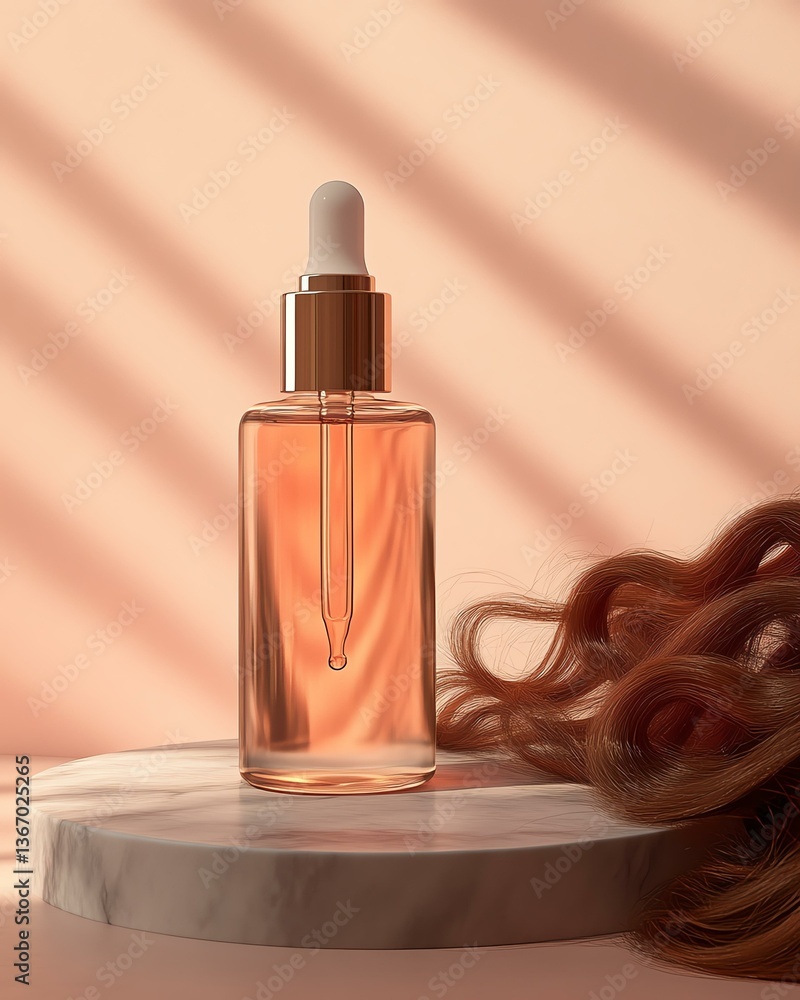 Fototapeta premium Shiny healthy hair texture for beauty product, elegant advertising background with shiny healthy hair concept Elegant serum bottle on a marble surface.