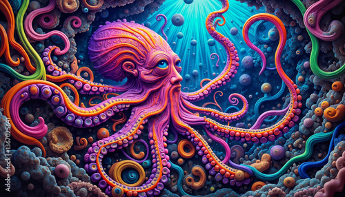 Psychedelic octopus with vibrant tentacles in ocean cavern, environmental awareness