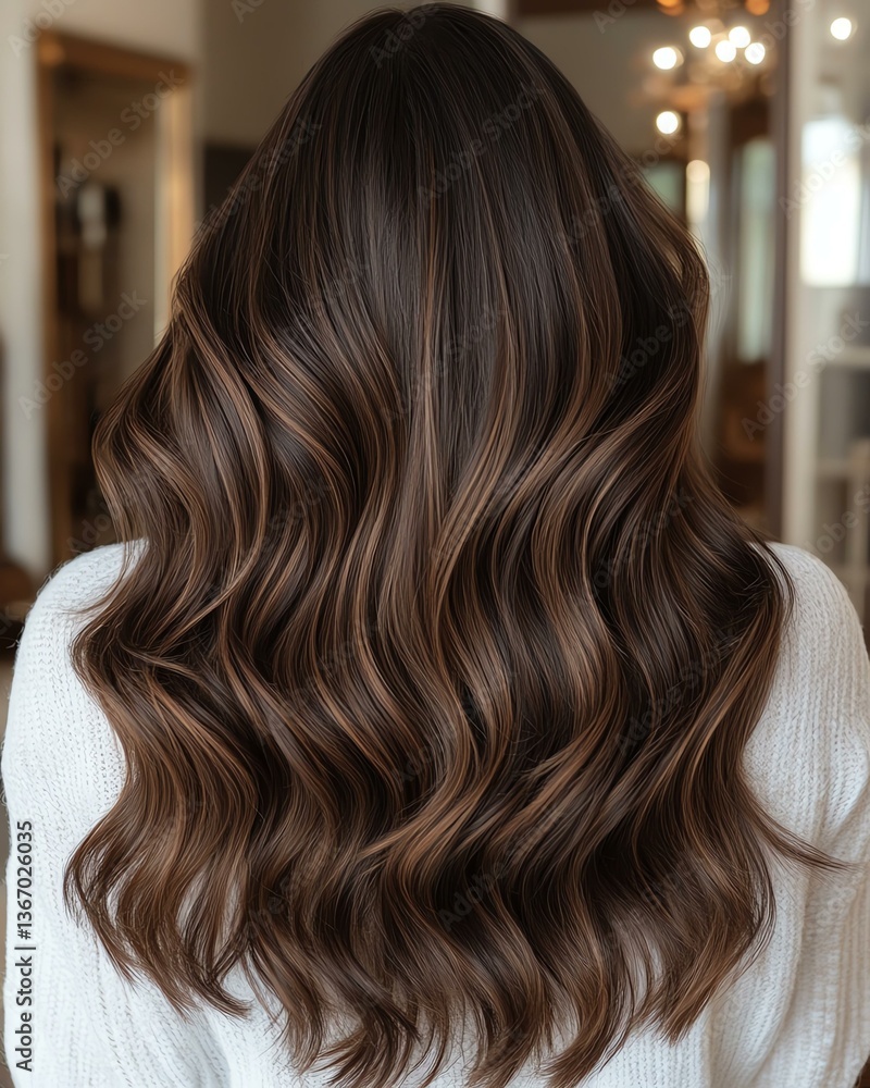 Fototapeta premium Shiny healthy hair texture for beauty product, elegant advertising background with shiny healthy hair concept Stylish wavy hair with vibrant highlights.