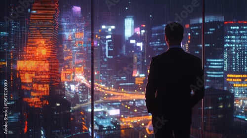 Wallpaper Mural Businessman gazing at vibrant city lights Torontodigital.ca