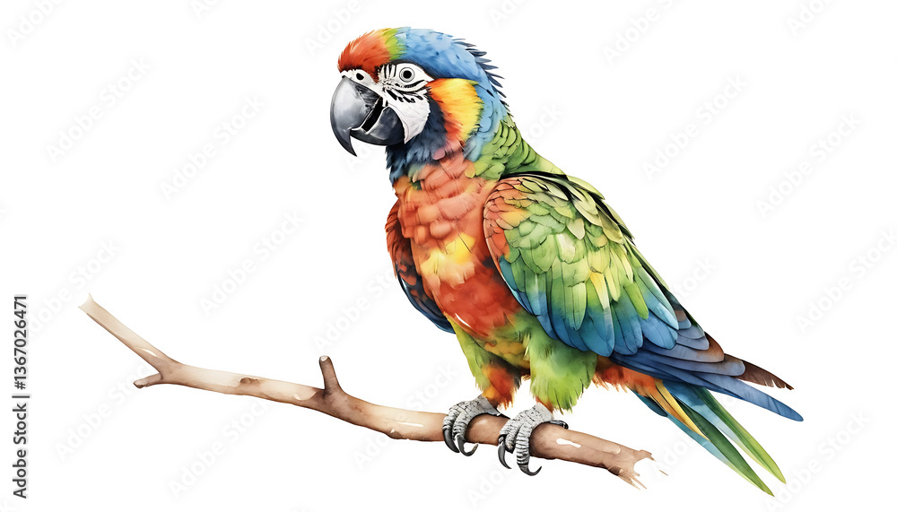 Fototapeta premium Vibrant Watercolor Parrot on Branch Perched with Colorful Plumage Artwork