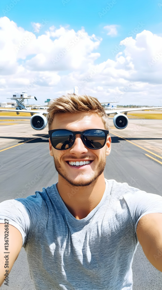 Photo of Smiling Man Taking Selfie with Airplane on Airport Runway Photo of Smiling Man Taking Selfie with Airplane on Airport Runway