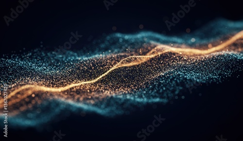 Abstract background with glowing golden and blue particles, creating wave-like motion. Represents digital concepts.