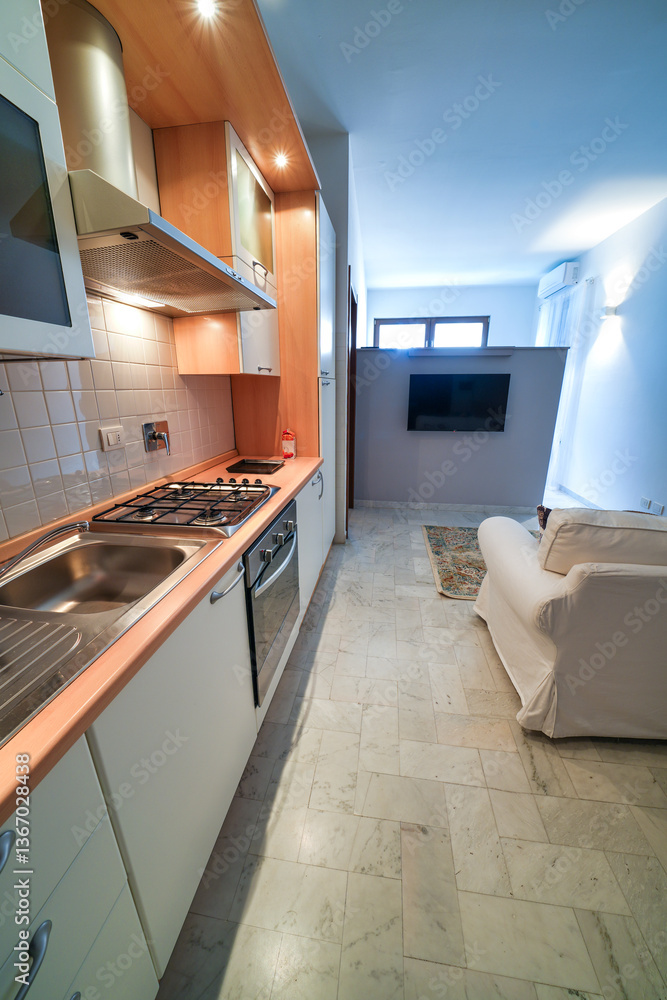 One-room bed and breakfast apartment, white interior design, open space: kitchen with dining table, living room with sofa