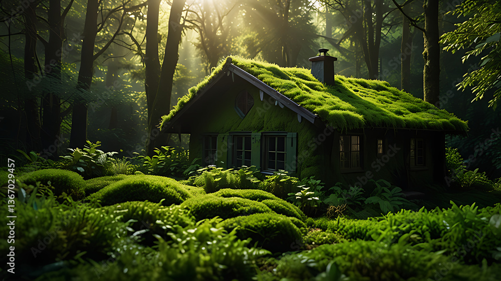 A moss-covered cabin nestled in a lush forest A moss-covered cabin nestled in a lush forest