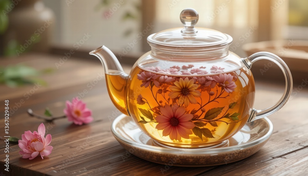 Floral Teapot Glass Tea Herbal Tea - Warm and Cozy (using warm colo. Floral Teapot Glass Tea Herbal Tea - Warm and Cozy (using warm colo.