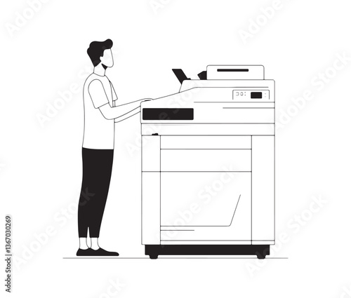 Man using photocopy machine vector illustration. Workplace copier machine black and white design.