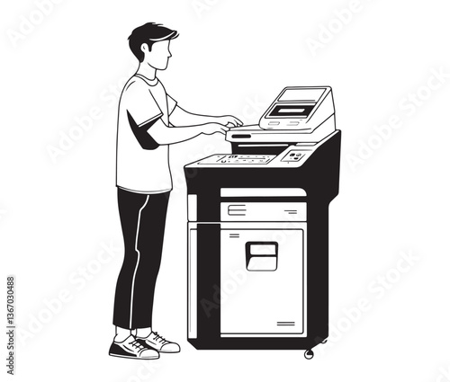 Man using photocopy machine vector illustration. Workplace copier machine black and white design.